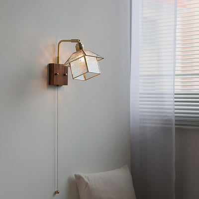 Lampe applique murale 1 lumière réglable en bois, cuivre et verre rétro contemporain avec fermeture éclair pour chevet 