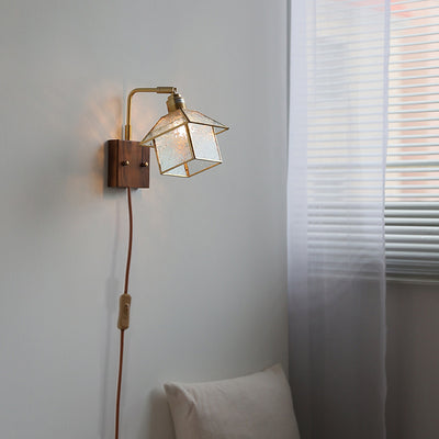 Lampe applique murale 1 lumière réglable en bois, cuivre et verre rétro contemporain avec fermeture éclair pour chevet 