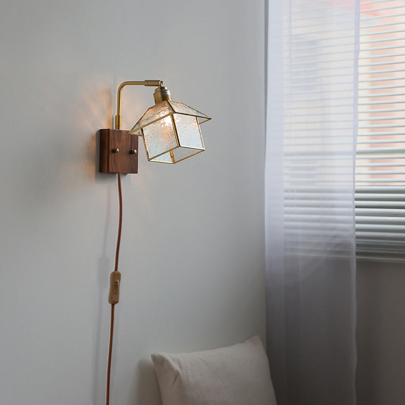 Lampe applique murale 1 lumière réglable en bois, cuivre et verre rétro contemporain avec fermeture éclair pour chevet 