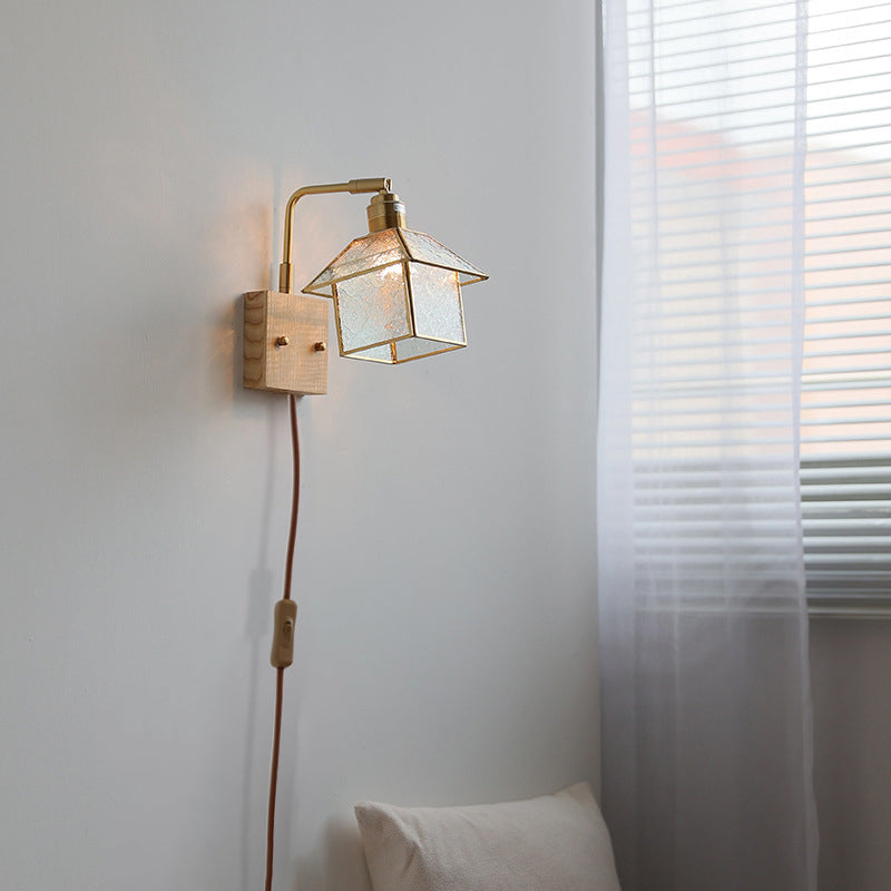 Lampe applique murale 1 lumière réglable en bois, cuivre et verre rétro contemporain avec fermeture éclair pour chevet 