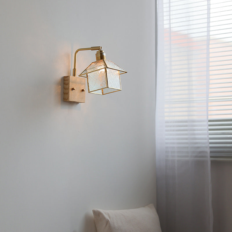 Lampe applique murale 1 lumière réglable en bois, cuivre et verre rétro contemporain avec fermeture éclair pour chevet 