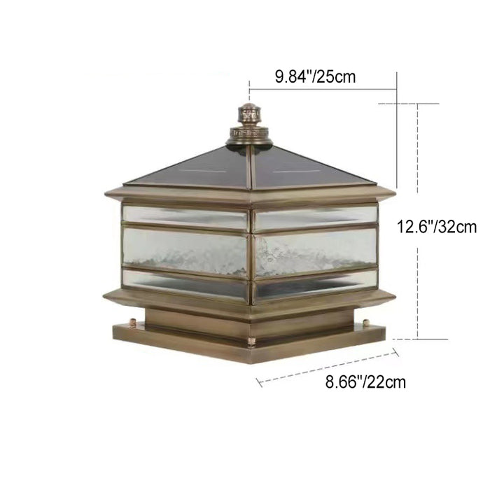 Éclairage paysager LED traditionnel chinois solaire étanche en cuivre avec verre dépoli en forme de cylindre pointu carré pour lumière extérieure pour patio extérieur 