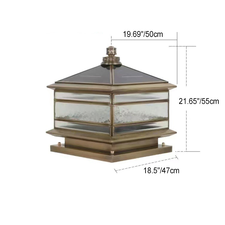 Éclairage paysager LED traditionnel chinois solaire étanche en cuivre avec verre dépoli en forme de cylindre pointu carré pour lumière extérieure pour patio extérieur 