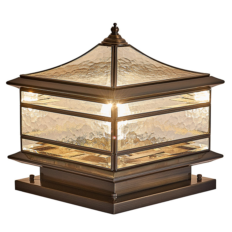 Éclairage paysager LED traditionnel chinois solaire étanche en cuivre avec verre dépoli en forme de cylindre pointu carré pour lumière extérieure pour patio extérieur 