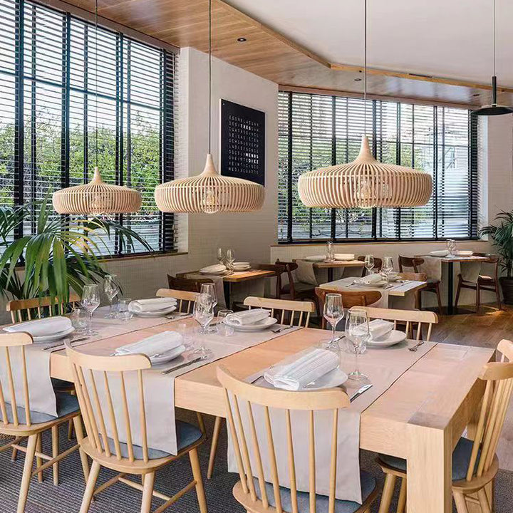 Lanterne en laiton japonais traditionnel avec bois creux, suspension ronde à 1 lumière pour salle à manger 