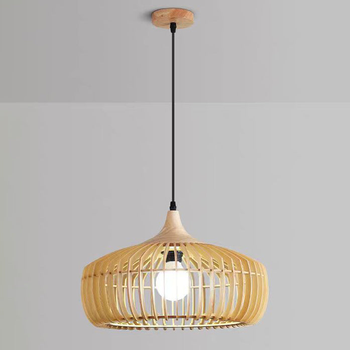 Lanterne en laiton japonais traditionnel avec bois creux, suspension ronde à 1 lumière pour salle à manger 