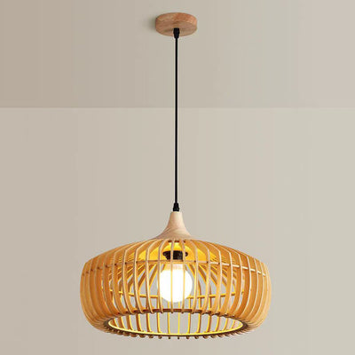 Lanterne en laiton japonais traditionnel avec bois creux, suspension ronde à 1 lumière pour salle à manger 