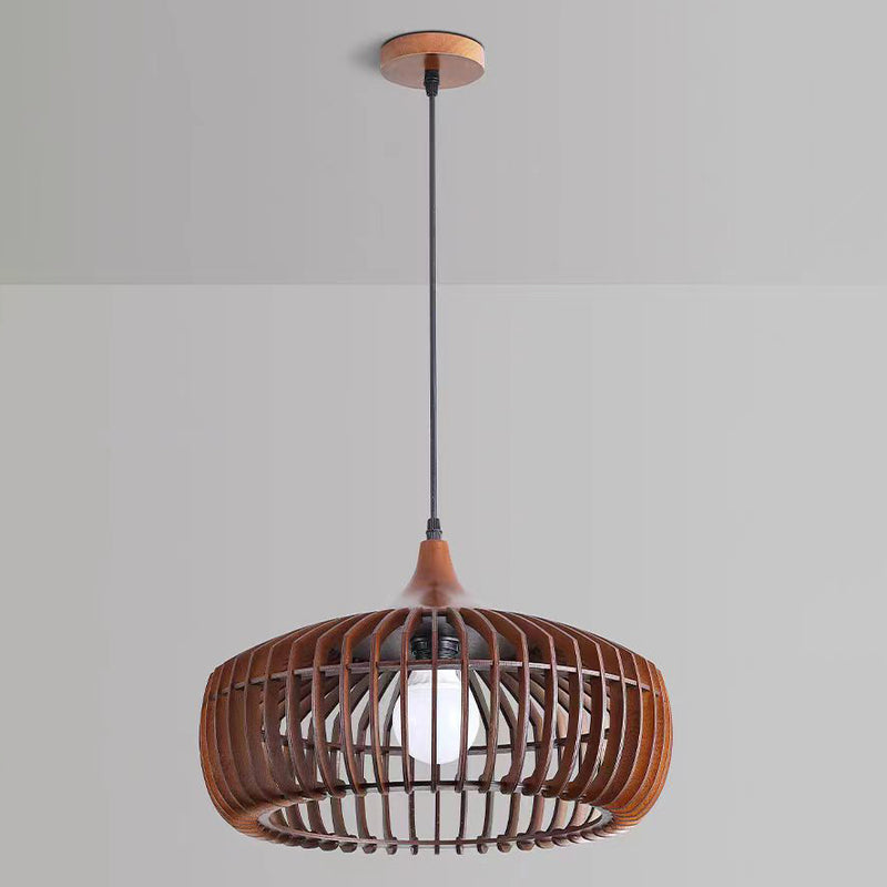 Lanterne en laiton japonais traditionnel avec bois creux, suspension ronde à 1 lumière pour salle à manger 