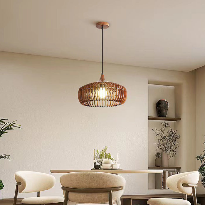 Lanterne en laiton japonais traditionnel avec bois creux, suspension ronde à 1 lumière pour salle à manger 