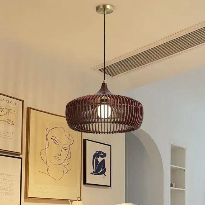 Lanterne en laiton japonais traditionnel avec bois creux, suspension ronde à 1 lumière pour salle à manger 