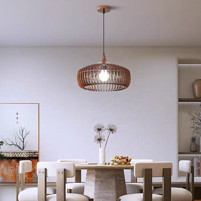 Lanterne en laiton japonais traditionnel avec bois creux, suspension ronde à 1 lumière pour salle à manger 