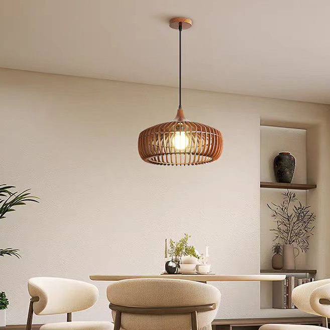 Lanterne en laiton japonais traditionnel avec bois creux, suspension ronde à 1 lumière pour salle à manger 