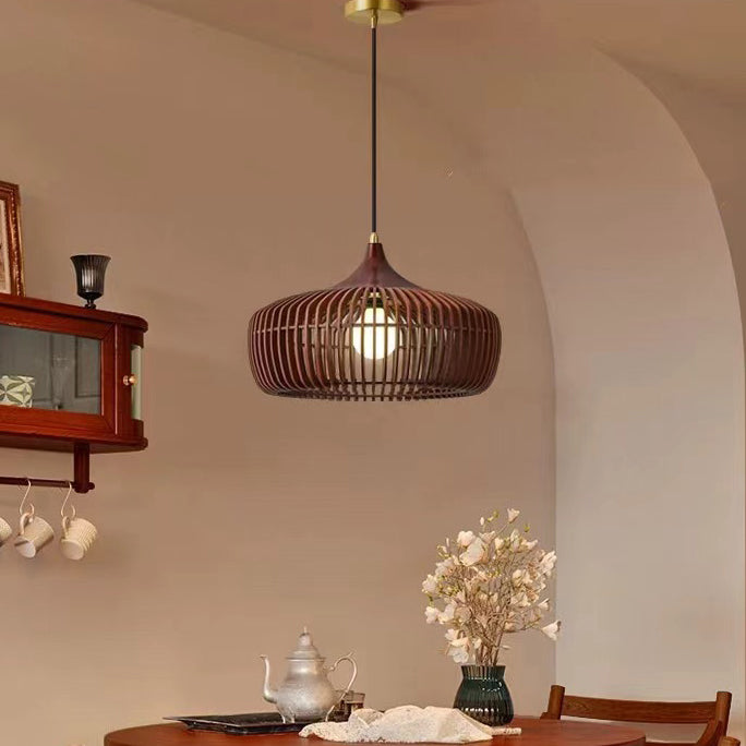 Lanterne en laiton japonais traditionnel avec bois creux, suspension ronde à 1 lumière pour salle à manger 