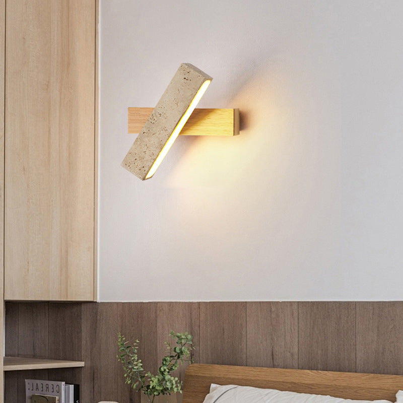 Applique murale LED rectangulaire en bois de travertin japonais traditionnel rotative pour chevet 