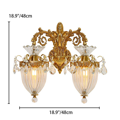 Traditionelle europäische Legierung Messing Glas Kristall tropfenförmige geschnitzte 1/2 Licht Wandlampe für Wohnzimmer 