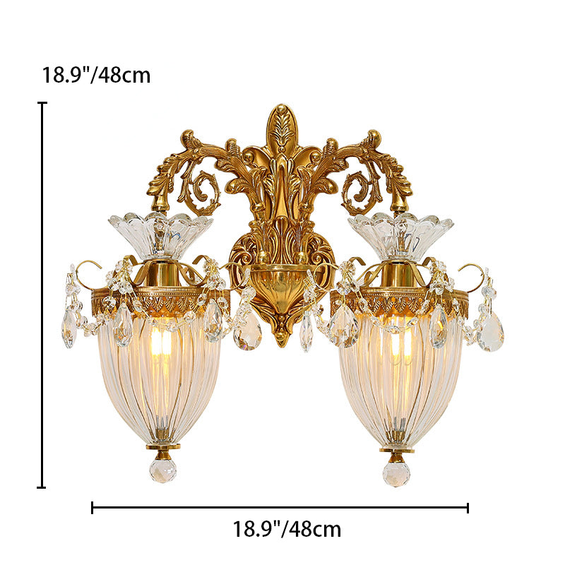 Traditionelle europäische Legierung Messing Glas Kristall tropfenförmige geschnitzte 1/2 Licht Wandlampe für Wohnzimmer 