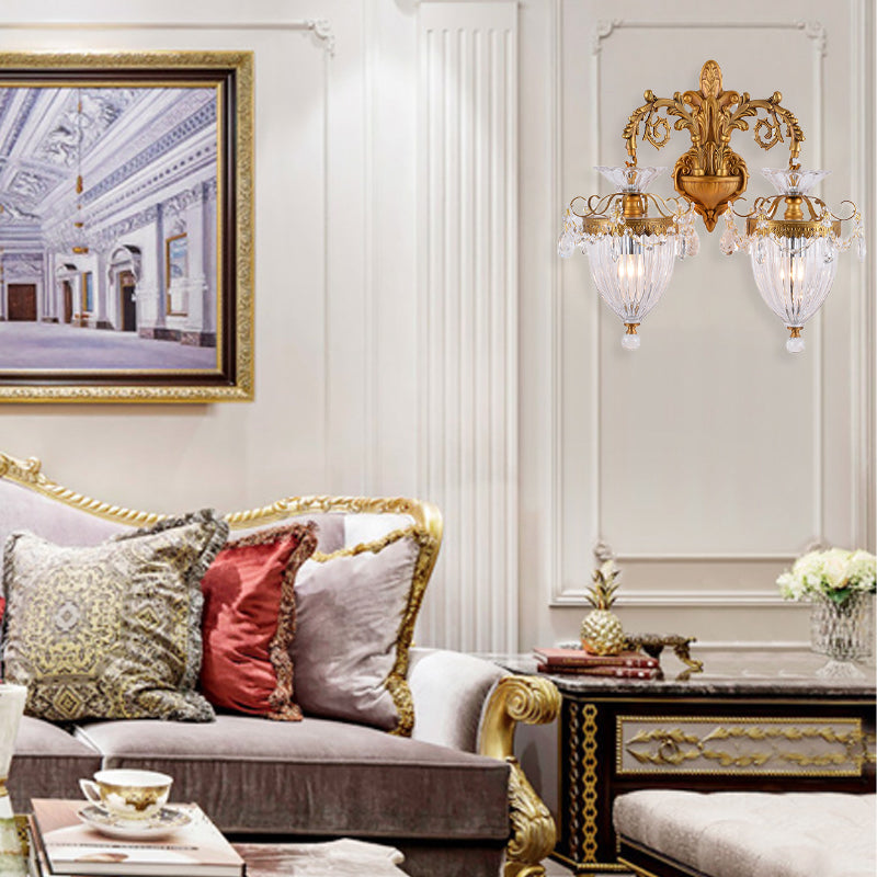Traditional European Alloy Brass Glass Crystal Teardrop-Shaped Carved 1/2 Light Wall Sconce Lamp For Living Room