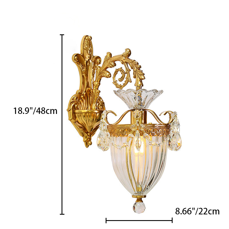 Traditionelle europäische Legierung Messing Glas Kristall tropfenförmige geschnitzte 1/2 Licht Wandlampe für Wohnzimmer 
