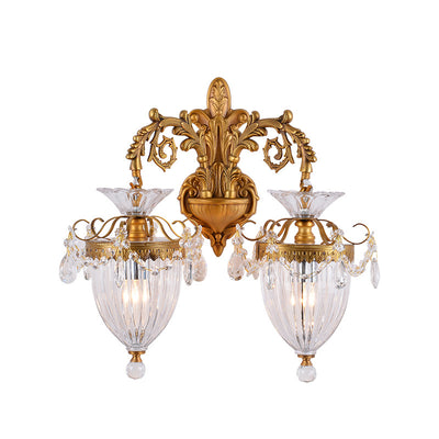 Traditionelle europäische Legierung Messing Glas Kristall tropfenförmige geschnitzte 1/2 Licht Wandlampe für Wohnzimmer 