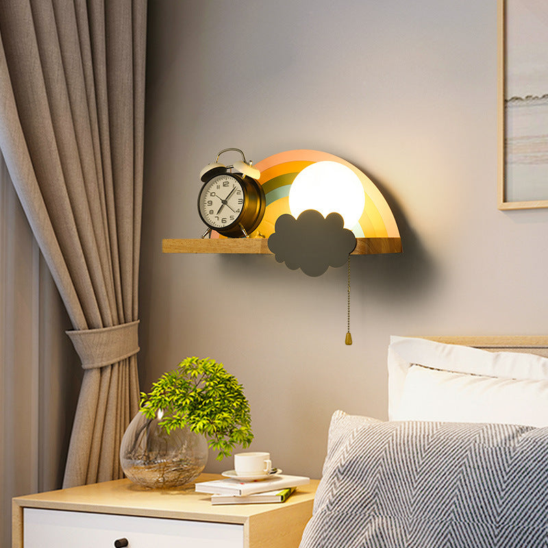 Applique Murale Contemporaine Scandinave en Bois Métal Verre Boule Arc-en-ciel avec Étagère 1 Lumière pour Chevet 