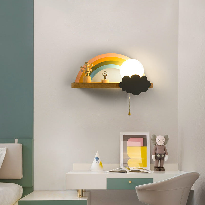 Applique Murale Contemporaine Scandinave en Bois Métal Verre Boule Arc-en-ciel avec Étagère 1 Lumière pour Chevet 
