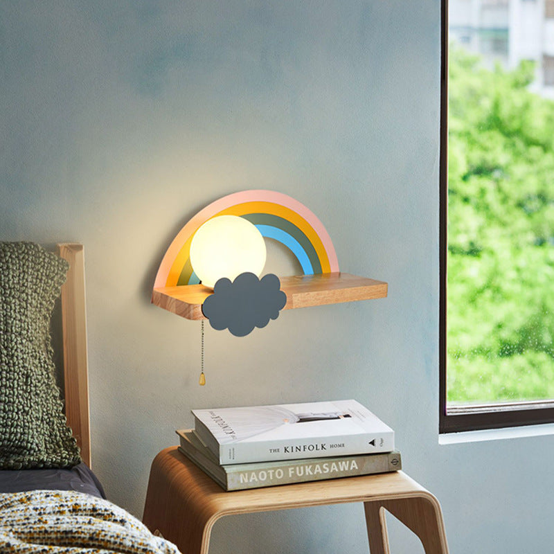 Applique Murale Contemporaine Scandinave en Bois Métal Verre Boule Arc-en-ciel avec Étagère 1 Lumière pour Chevet 