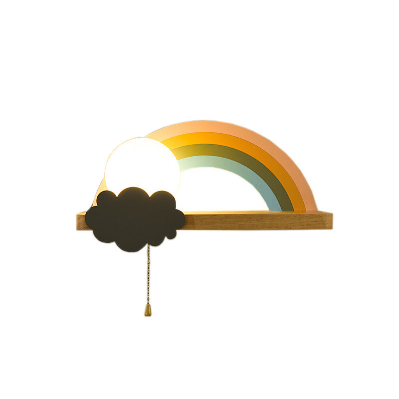 Applique Murale Contemporaine Scandinave en Bois Métal Verre Boule Arc-en-ciel avec Étagère 1 Lumière pour Chevet 