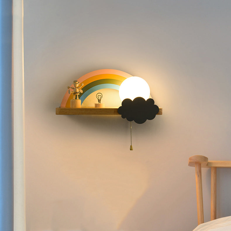 Applique Murale Contemporaine Scandinave en Bois Métal Verre Boule Arc-en-ciel avec Étagère 1 Lumière pour Chevet 