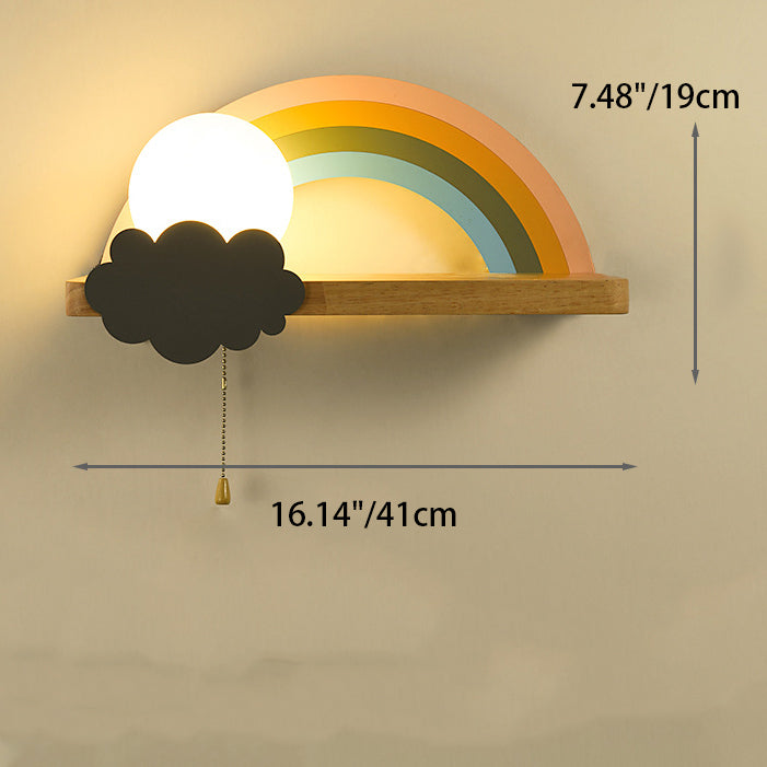 Applique Murale Contemporaine Scandinave en Bois Métal Verre Boule Arc-en-ciel avec Étagère 1 Lumière pour Chevet 