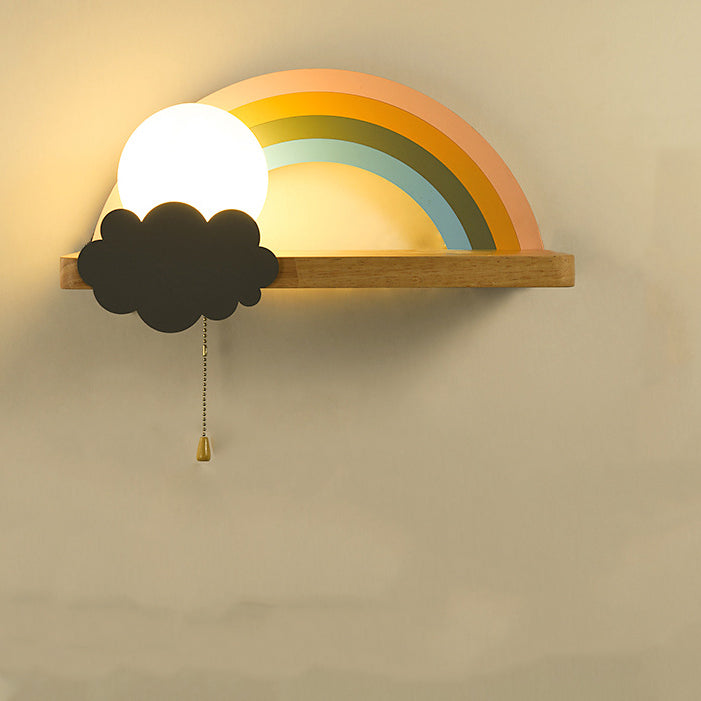 Applique Murale Contemporaine Scandinave en Bois Métal Verre Boule Arc-en-ciel avec Étagère 1 Lumière pour Chevet 