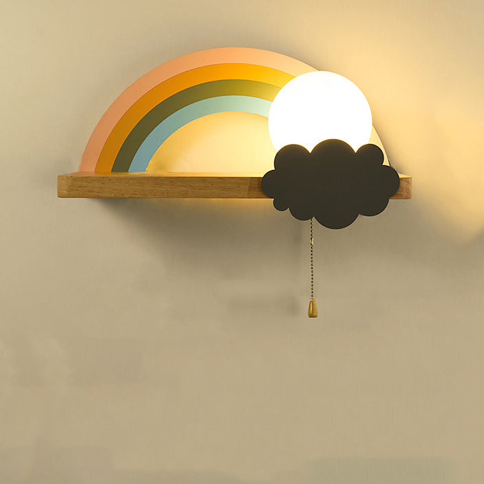 Applique Murale Contemporaine Scandinave en Bois Métal Verre Boule Arc-en-ciel avec Étagère 1 Lumière pour Chevet 