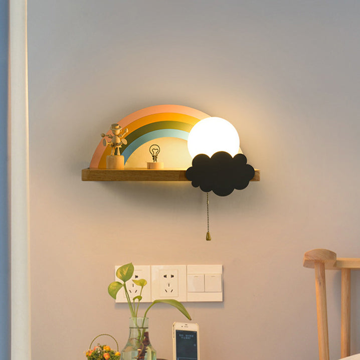 Applique Murale Contemporaine Scandinave en Bois Métal Verre Boule Arc-en-ciel avec Étagère 1 Lumière pour Chevet 