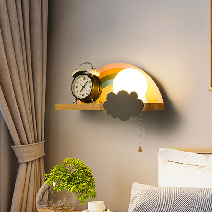 Applique Murale Contemporaine Scandinave en Bois Métal Verre Boule Arc-en-ciel avec Étagère 1 Lumière pour Chevet 