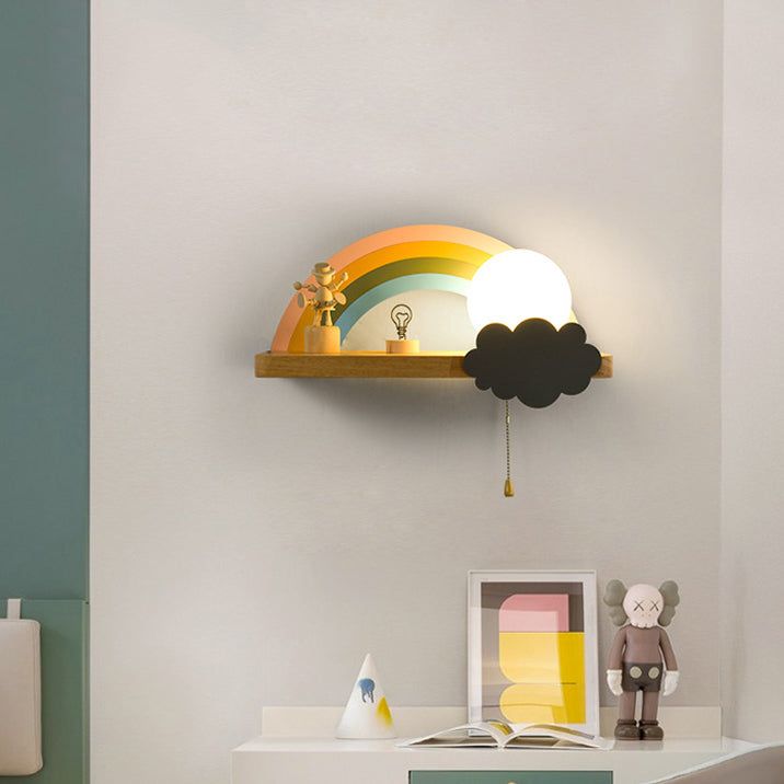 Applique Murale Contemporaine Scandinave en Bois Métal Verre Boule Arc-en-ciel avec Étagère 1 Lumière pour Chevet 