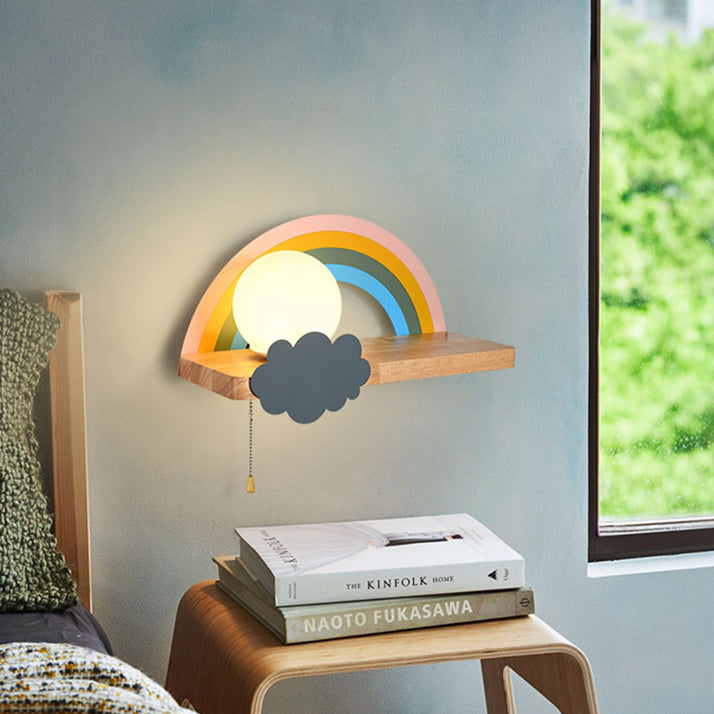 Applique Murale Contemporaine Scandinave en Bois Métal Verre Boule Arc-en-ciel avec Étagère 1 Lumière pour Chevet 