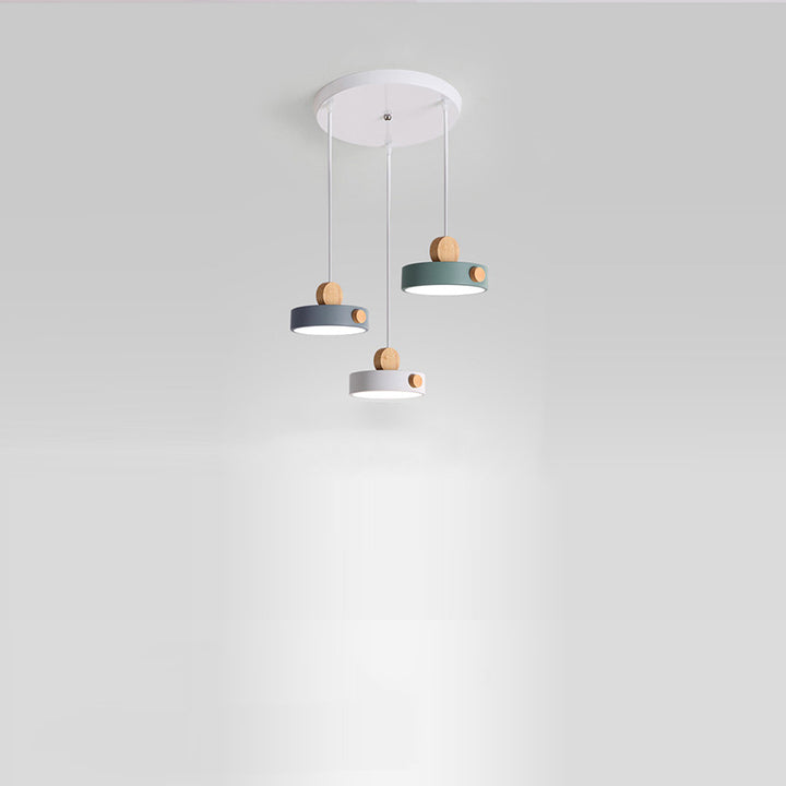 Contemporary Scandinavian Metal Rubber Wood Acrylic Round LED Pendant Light For Dining Room