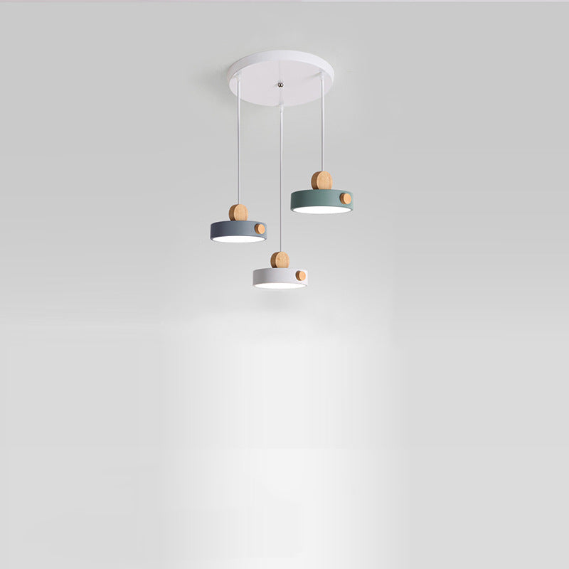 Contemporary Scandinavian Metal Rubber Wood Acrylic Round LED Pendant Light For Dining Room