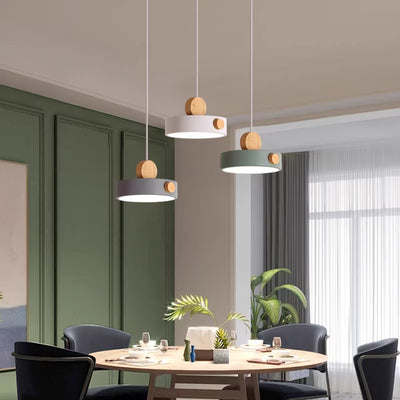 Contemporary Scandinavian Metal Rubber Wood Acrylic Round LED Pendant Light For Dining Room