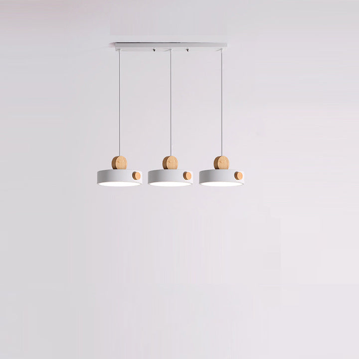 Contemporary Scandinavian Metal Rubber Wood Acrylic Round LED Pendant Light For Dining Room