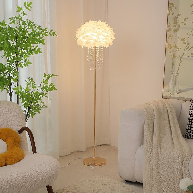 Contemporary Nordic Iron Feather Crystal Oval 1-Light Standing Floor Lamp For Living Room