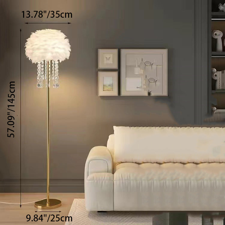 Contemporary Nordic Iron Feather Crystal Oval 1-Light Standing Floor Lamp For Living Room