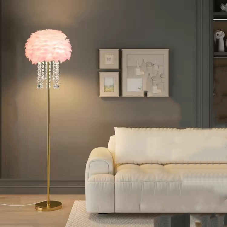 Contemporary Nordic Iron Feather Crystal Oval 1-Light Standing Floor Lamp For Living Room