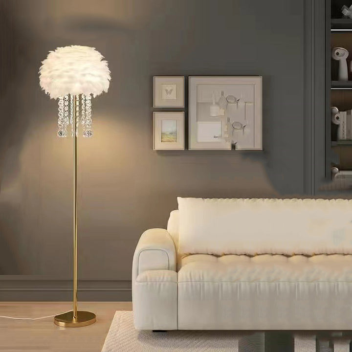 Contemporary Nordic Iron Feather Crystal Oval 1-Light Standing Floor Lamp For Living Room
