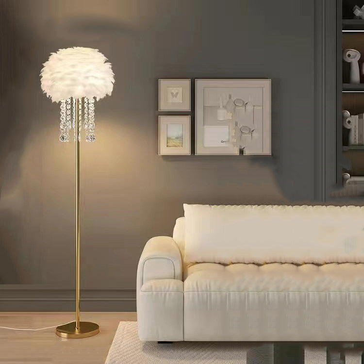 Contemporary Nordic Iron Feather Crystal Oval 1-Light Standing Floor Lamp For Living Room