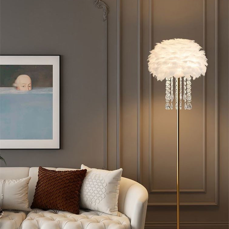 Contemporary Nordic Iron Feather Crystal Oval 1-Light Standing Floor Lamp For Living Room