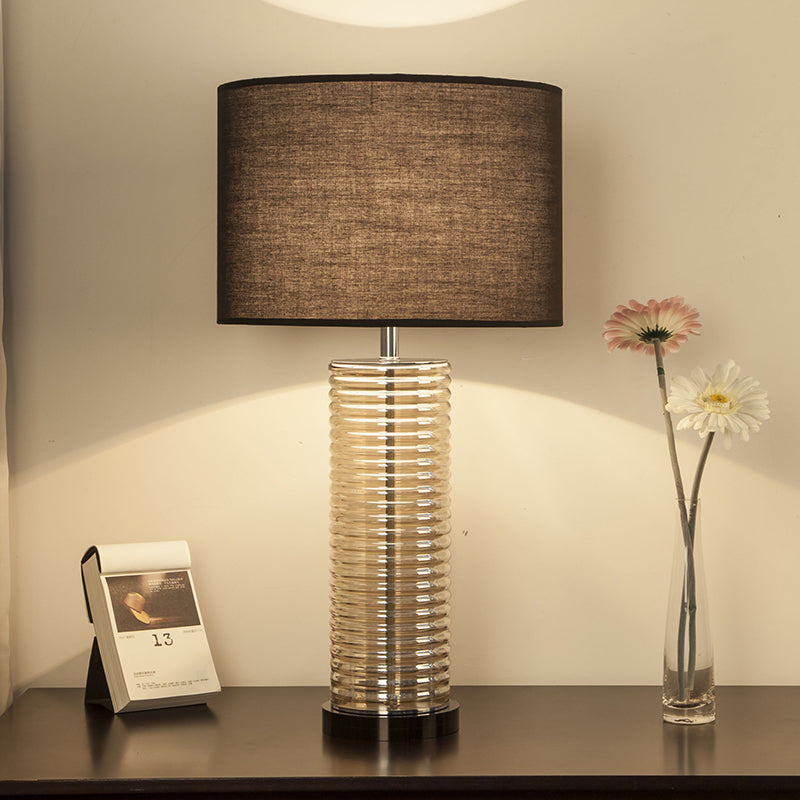 Lampe de table contemporaine rétro en verre et tissu avec cylindre en cristal à 1 lumière pour chevet 