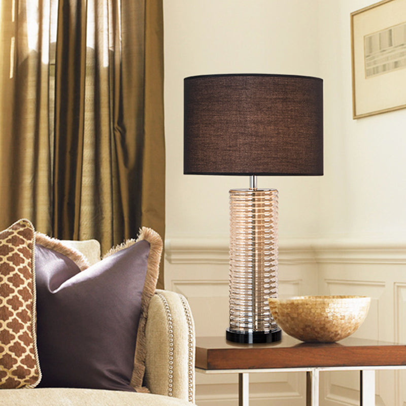 Lampe de table contemporaine rétro en verre et tissu avec cylindre en cristal à 1 lumière pour chevet 