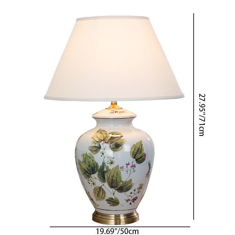 Lampe de table à 1 lumière avec peinture de feuille conique en pot en céramique de cuivre en tissu chinois traditionnel pour chevet 
