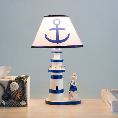 Contemporary Coastal Wood Fabric Kids Conic Lighthouse 1-Light Table Lamp For Bedroom