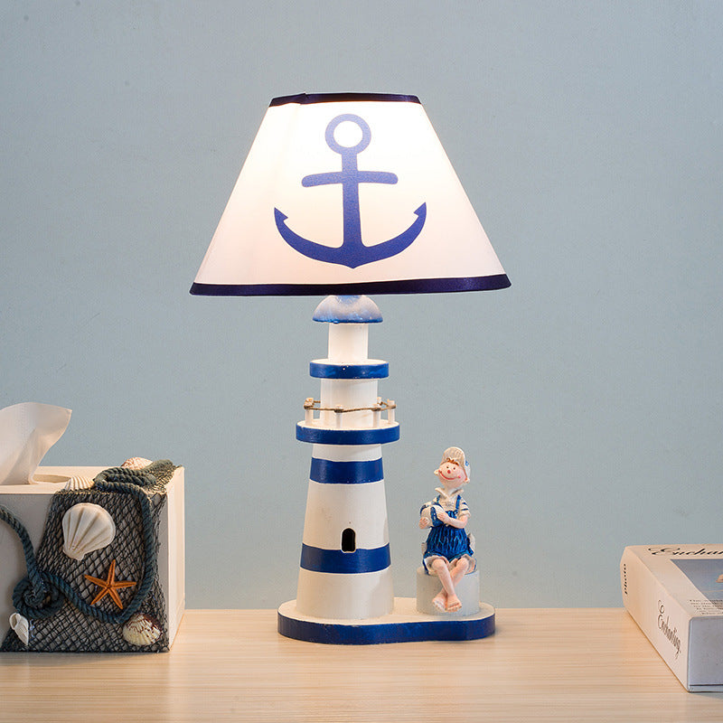 Contemporary Coastal Wood Fabric Kids Conic Lighthouse 1-Light Table Lamp For Bedroom